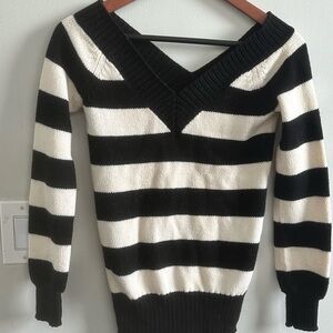 Theory Black and White Striped V-Neck Sweater